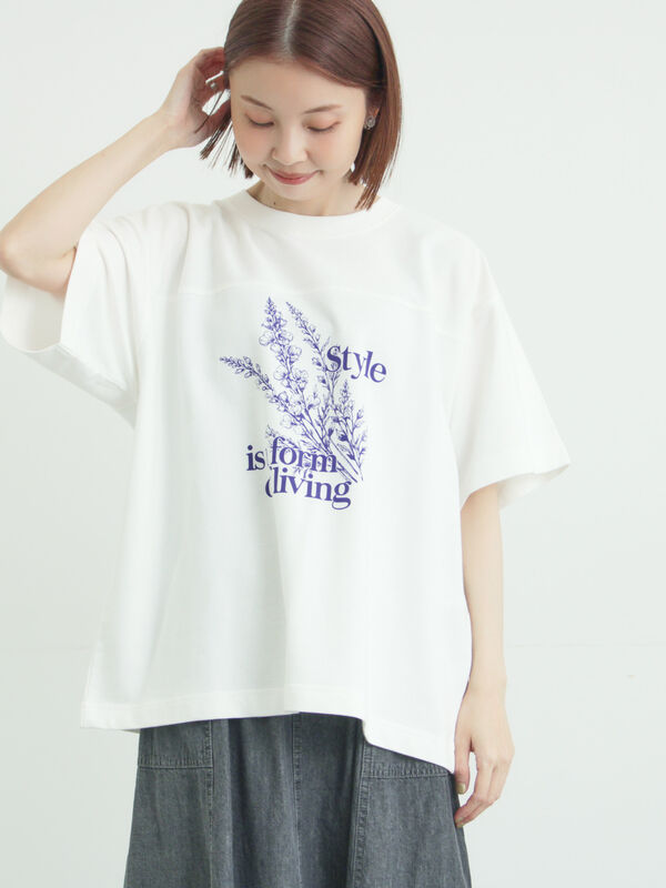 接触冷感】ミニ裏毛切替フラワープリントTシャツ（オフホワイト/グレー