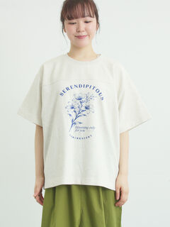 接触冷感】ミニ裏毛切替フラワープリントTシャツ（オフホワイト/グレー