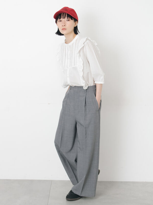 イージーケア、接触冷感】タックワイドパンツ（グレー/ブラック