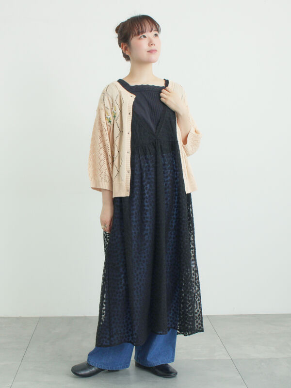 チュール刺繍前後2WAYノースリワンピース（オフホワイト/ブラック