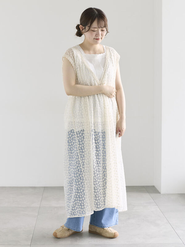 チュール刺繍前後2WAYノースリワンピース（オフホワイト/ブラック