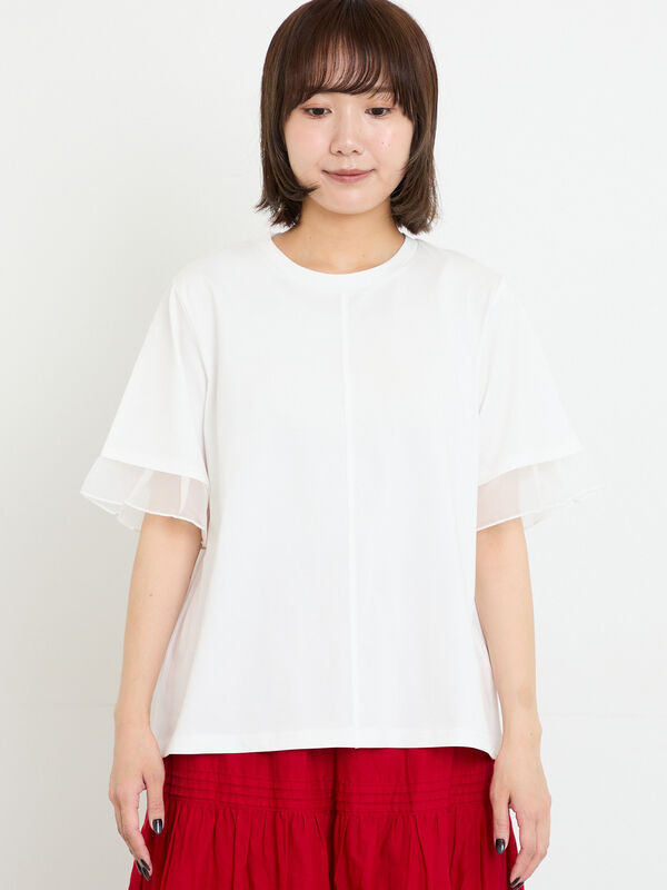 セール】 【接触冷感】袖オーガンジー切り替えTシャツ（オフホワイト 