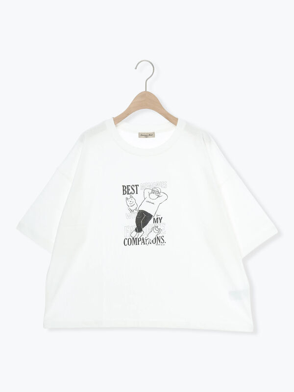 ヴィンテージ風天竺おじさんプリント刺繍Tシャツ（オフホワイト/グレー