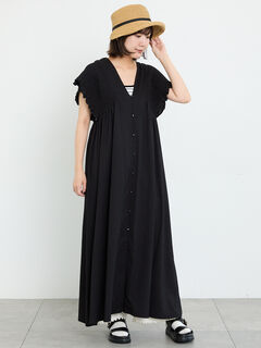 立川店/EC限定】リネンフラップコートワンピース（ネイビー/キナリ