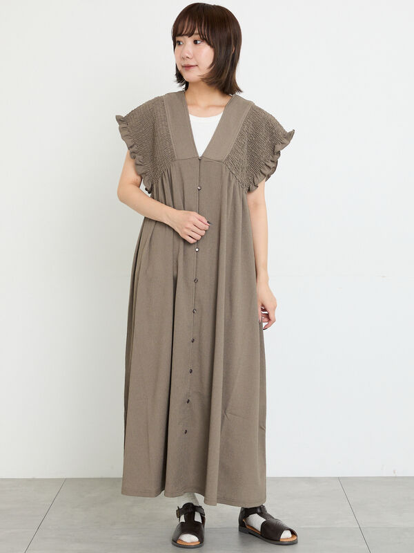 ♡MON♡　ワンピース 前開きシャーリングワンピース（ブラック/ブラウン/ブルー/グレージュ