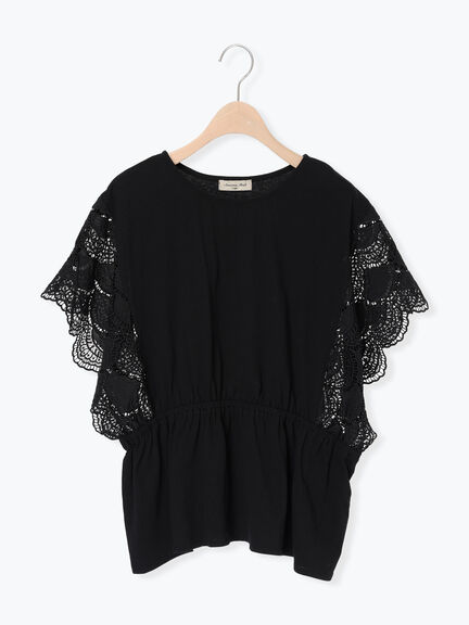 セール】 カットワーク刺繍ドッキングTシャツ（オフホワイト/ブラック