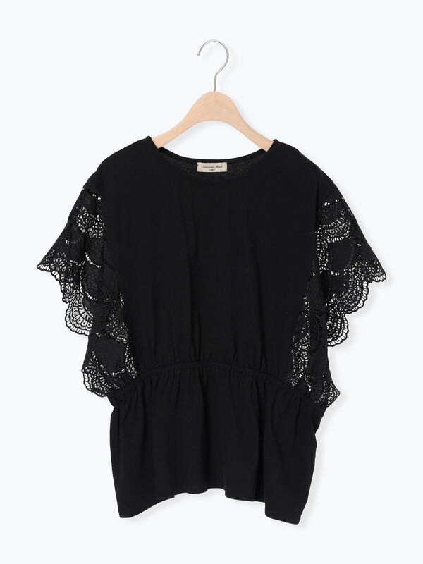 セール】 カットワーク刺繍ドッキングTシャツ（オフホワイト/ブラック