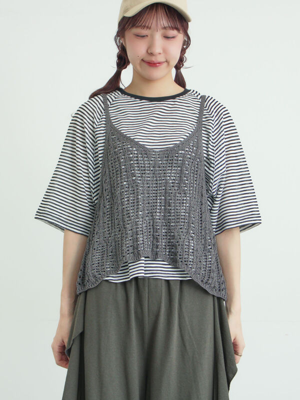 【グレー】パターンメッシュニットキャミソール Re:EDIT（リエディ） キャミソール 「2024 SUMMER COLLECTION