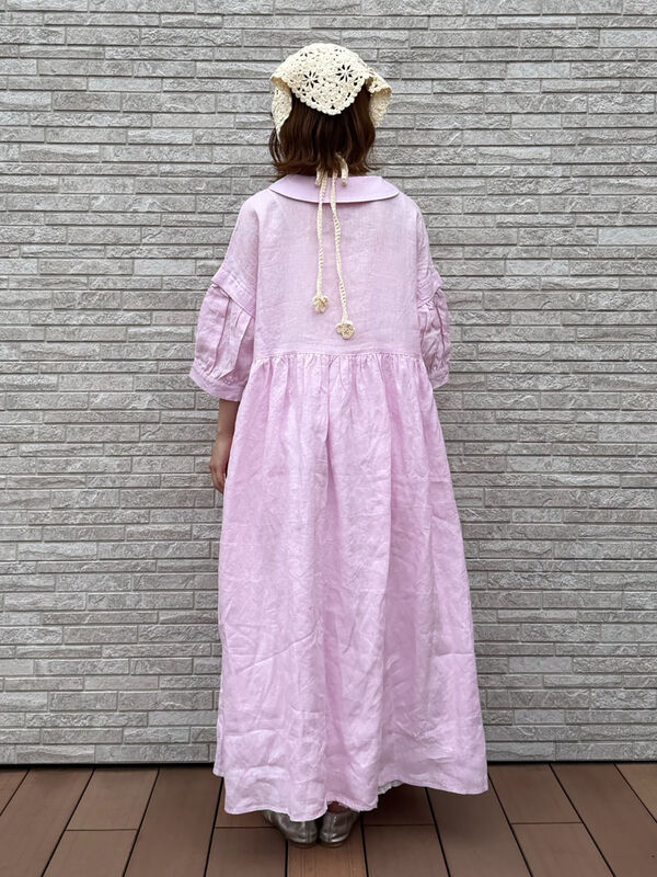 ビアズリー フロントリボン リネン混チュニック ゆったりワンピース ピンク F 立川店/EC限定】リネンタックパフスリーブワンピース（ピンク/ミント