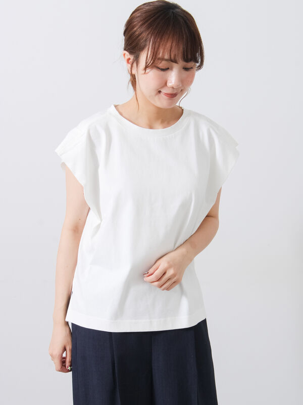 25ss 新品タグ付き ビアズリー 白 パネル刺繍リネンポンチョ 麻100% セール】 シルケット+ピグメント加工フレンチスリーブTシャツ（オフ