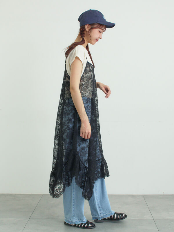 HAENGNAE/ヘンネ◆定価9万 膝丈ワンピース レースキャミ シャツワンピ レースイレヘムキャミワンピース（オフホワイト/ブラック/キナリ
