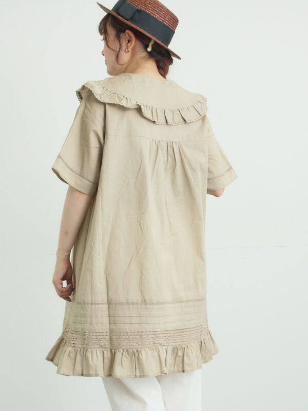 りりさん専用　刺繍入りベージュ五分袖チュニック フリル襟チュニック（オフホワイト/ベージュ/ネイビー/トップス