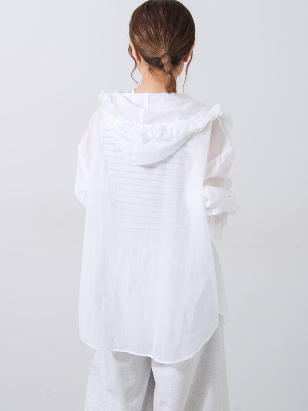 フリルフードTシャツ シアーフリルフードシャツ（オフホワイト/ブラック/イエロー/トップス