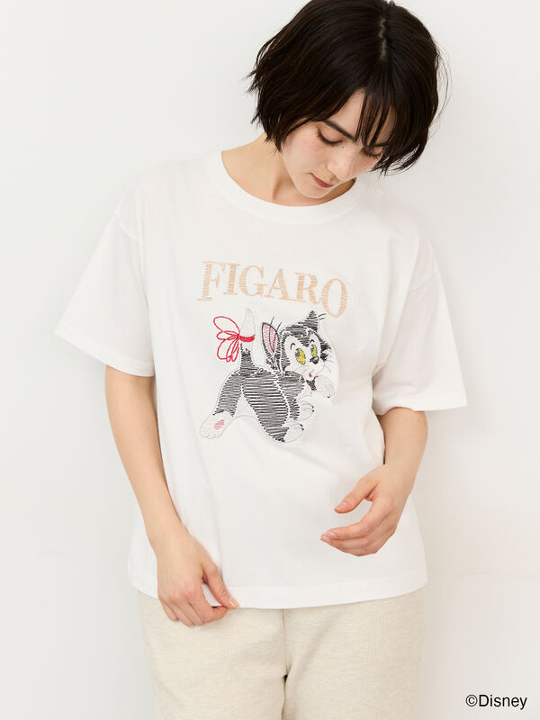 セール】 【Disney】ピノキオ/フィガロ刺繍Tシャツ（オフホワイト