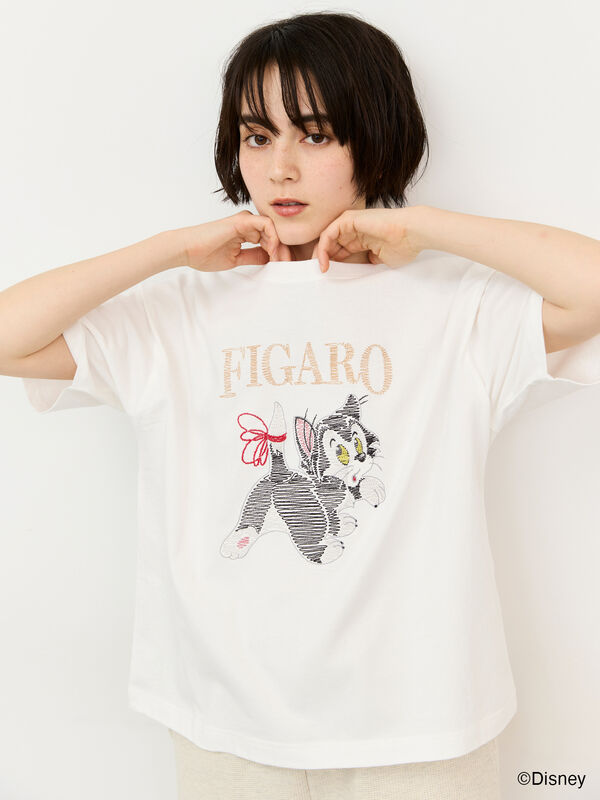 Disney】ピノキオ/フィガロ刺繍Tシャツ（オフホワイト/ピンク/ベージュ
