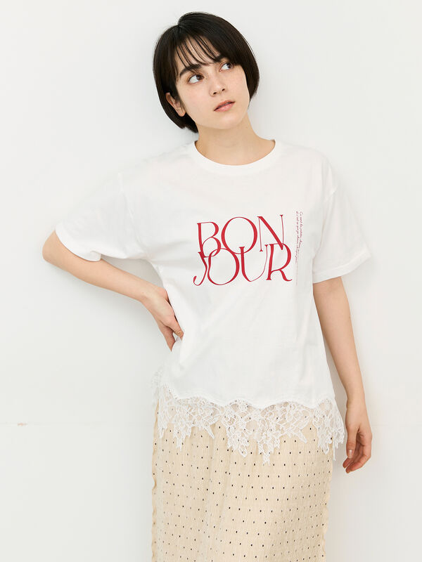接触冷感】裾レースロゴTシャツ（オフホワイト/ブラック/グレージュ