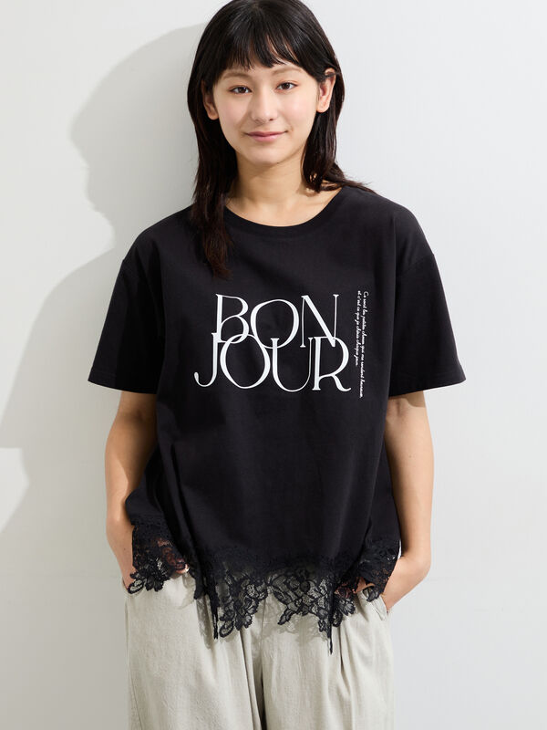 セール】 【接触冷感】裾レースロゴTシャツ（オフホワイト/ブラック