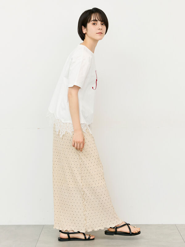 セール】 【接触冷感】裾レースロゴTシャツ（オフホワイト/ブラック