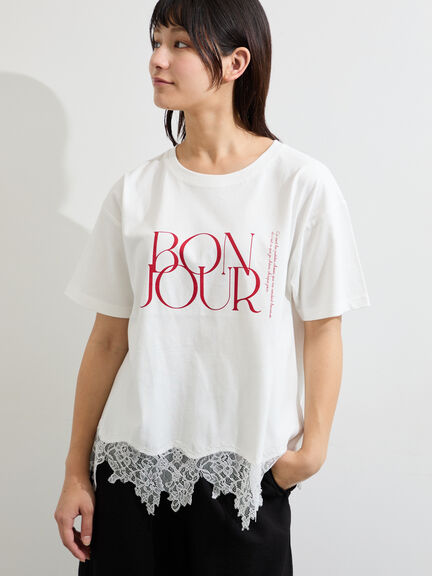 【接触冷感】裾レースロゴTシャツ（オフホワイト/ブラック/グレージュ）｜Samansa Mos2（サマンサ モスモス）通販