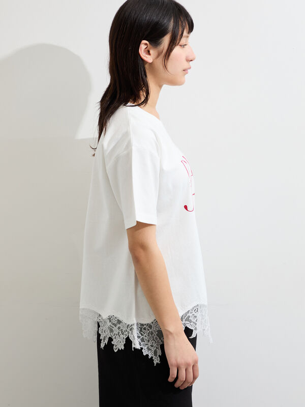 セール】 【接触冷感】裾レースロゴTシャツ（オフホワイト/ブラック