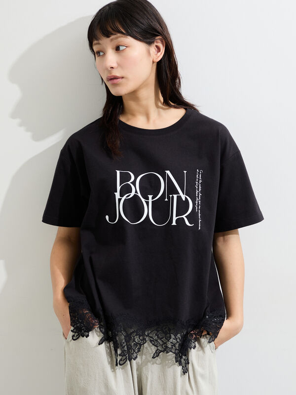 接触冷感】裾レースロゴTシャツ（オフホワイト/ブラック/グレージュ