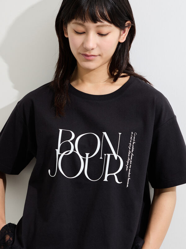 セール】 【接触冷感】裾レースロゴTシャツ（オフホワイト/ブラック