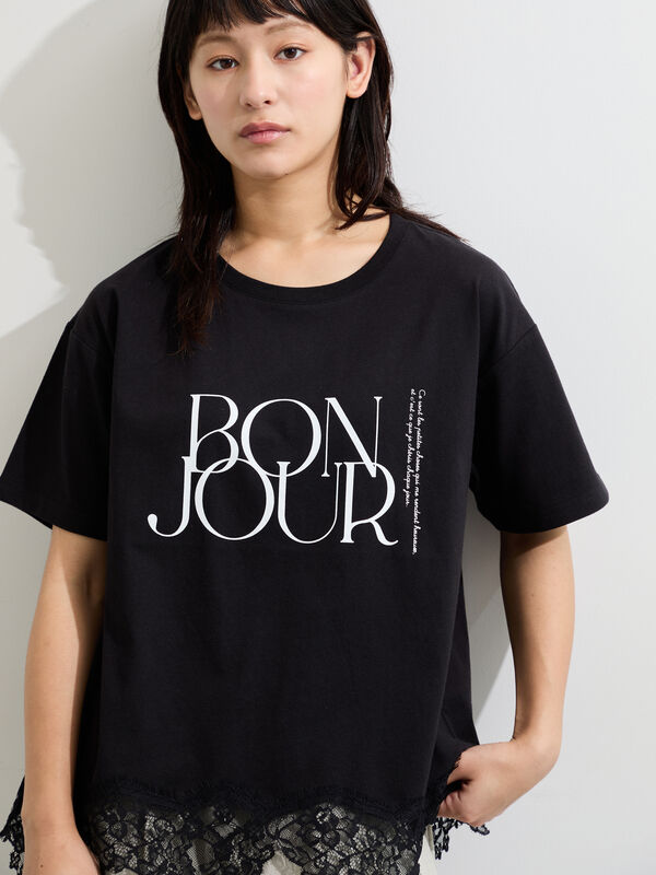 接触冷感】裾レースロゴTシャツ（オフホワイト/ブラック/グレージュ