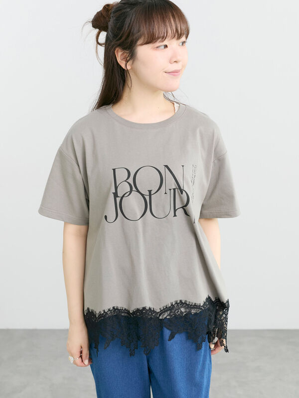 セール】 【接触冷感】裾レースロゴTシャツ（オフホワイト/ブラック