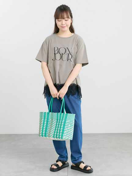【接触冷感】裾レースロゴTシャツ（オフホワイト/ブラック/グレージュ）｜Samansa Mos2（サマンサ モスモス）通販