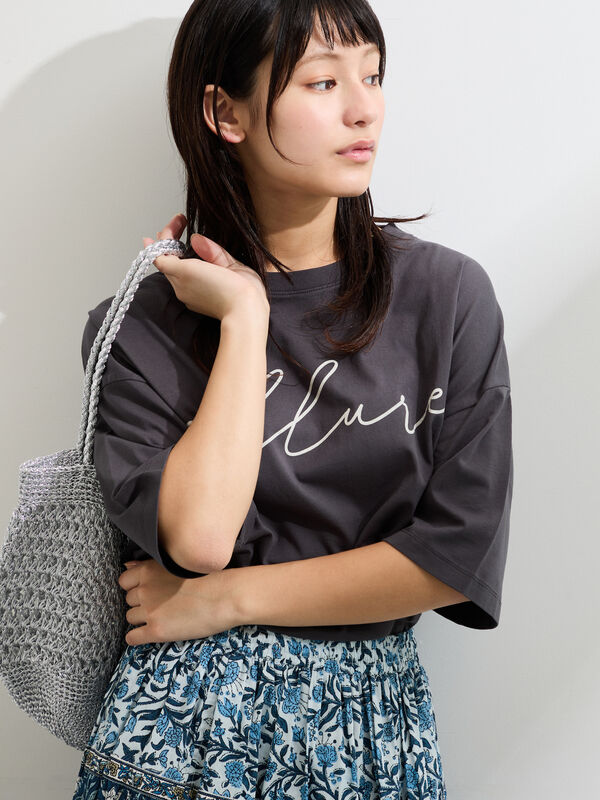 セール】 バイオ加工ロゴプリントワイドTシャツ（オフホワイト