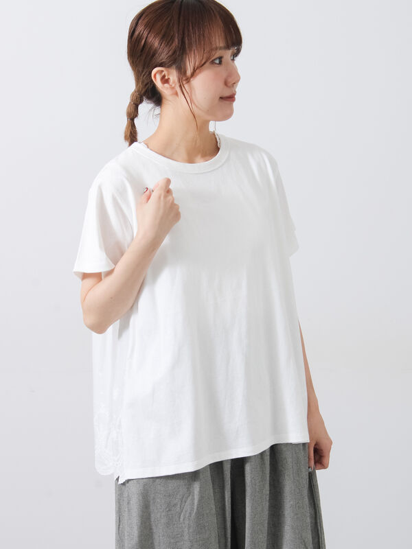 接触冷感】バックスカラップレースTシャツ（オフホワイト/ブラック