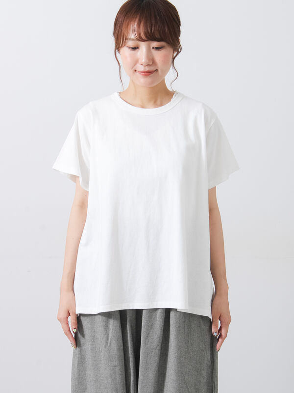 接触冷感】バックスカラップレースTシャツ（オフホワイト/ブラック