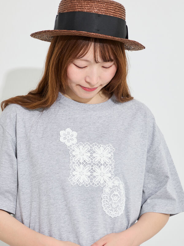 セール】 【接触冷感】パーツレース貼りTシャツ（オフホワイト/グレー