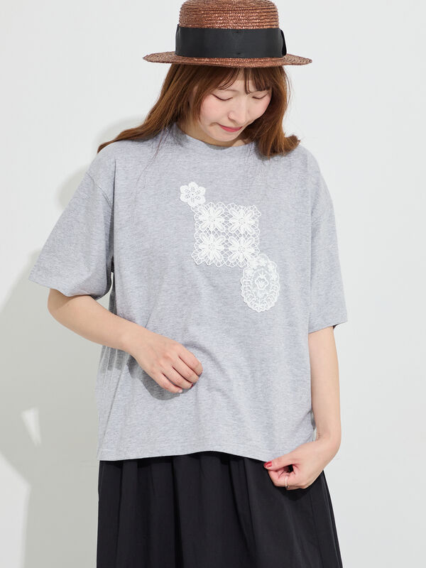 セール】 【接触冷感】パーツレース貼りTシャツ（オフホワイト/グレー