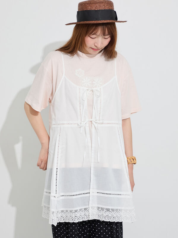 セール】 【接触冷感】パーツレース貼りTシャツ（オフホワイト/グレー