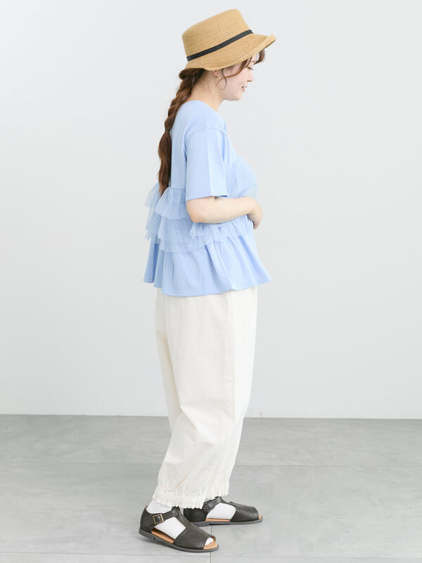 【meer.】定価20,350円　フェイクレザーバルーンパンツ　シトラス 接触冷感】裾ギャザーフリルバルーンパンツ（ブラック/ストライプ