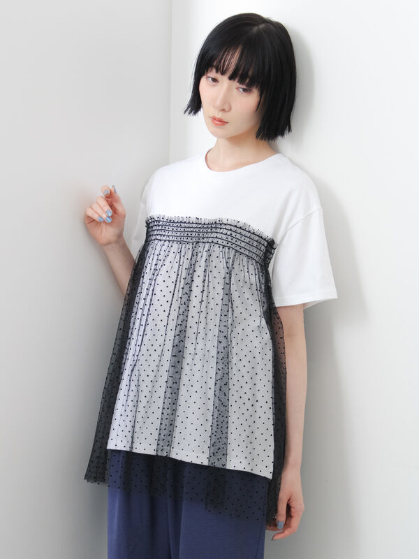 ◇【接触冷感/UVカット】ドットチュールドッキングTシャツ（オフ