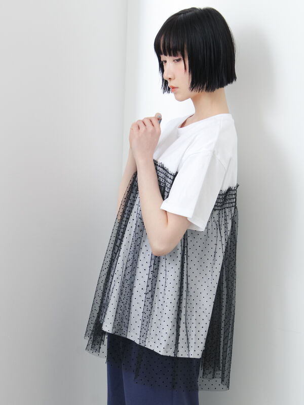 ◇【接触冷感/UVカット】ドットチュールドッキングTシャツ（オフ