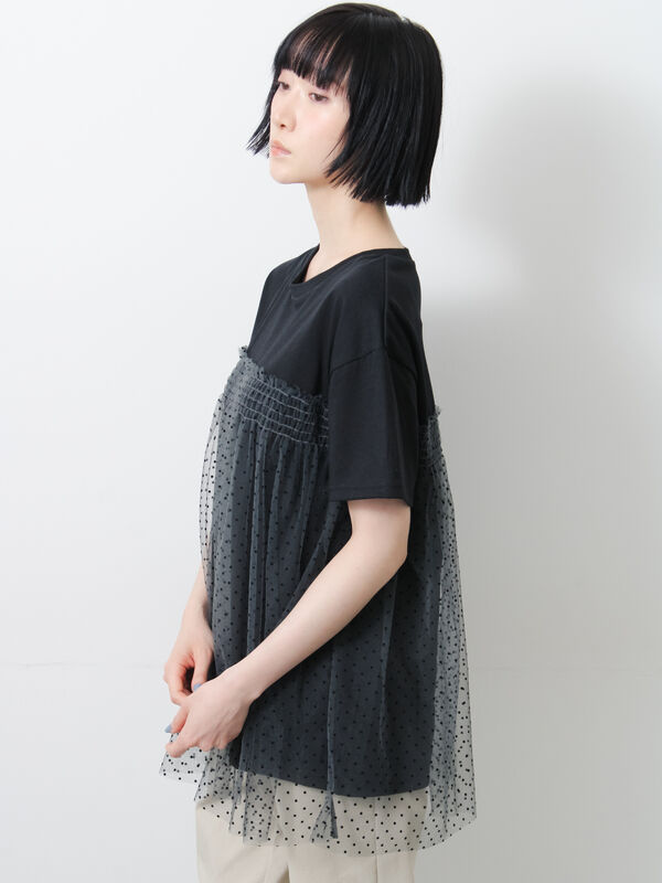 ◇【接触冷感/UVカット】ドットチュールドッキングTシャツ（オフ