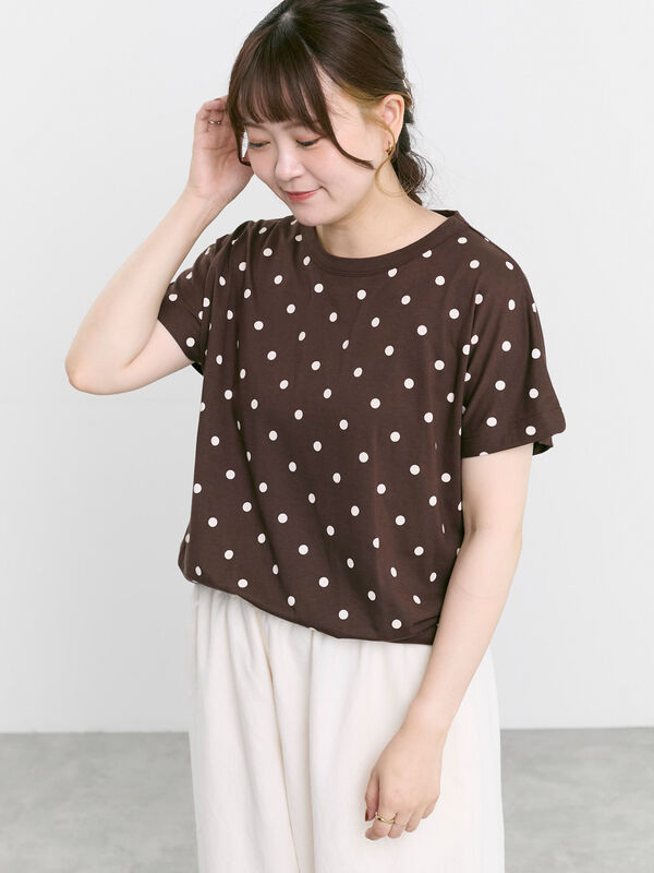 セール】 【オーガニックコットン】ドット柄Tシャツ（オフホワイト