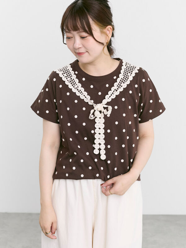 セール】 【オーガニックコットン】ドット柄Tシャツ（オフホワイト