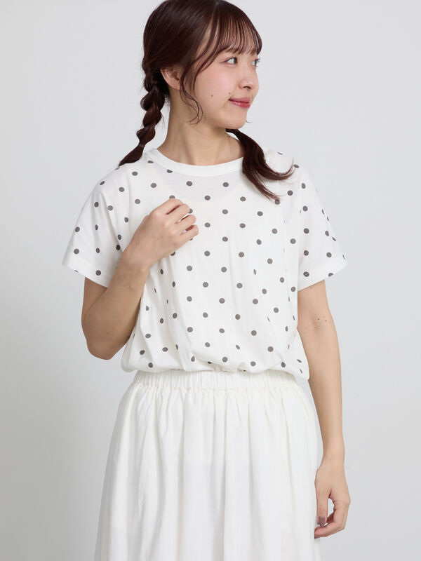 セール】 【オーガニックコットン】ドット柄Tシャツ（オフホワイト