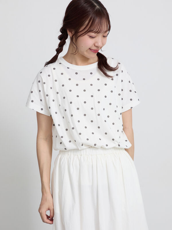 セール】 【オーガニックコットン】ドット柄Tシャツ（オフホワイト