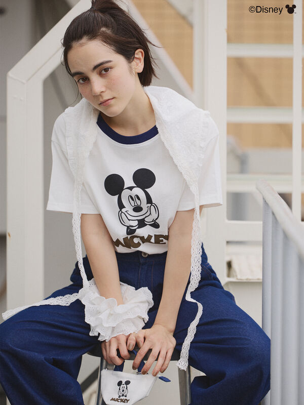 セール】 【Disney】ミッキーマウス/リンガーTシャツ（オフホワイト
