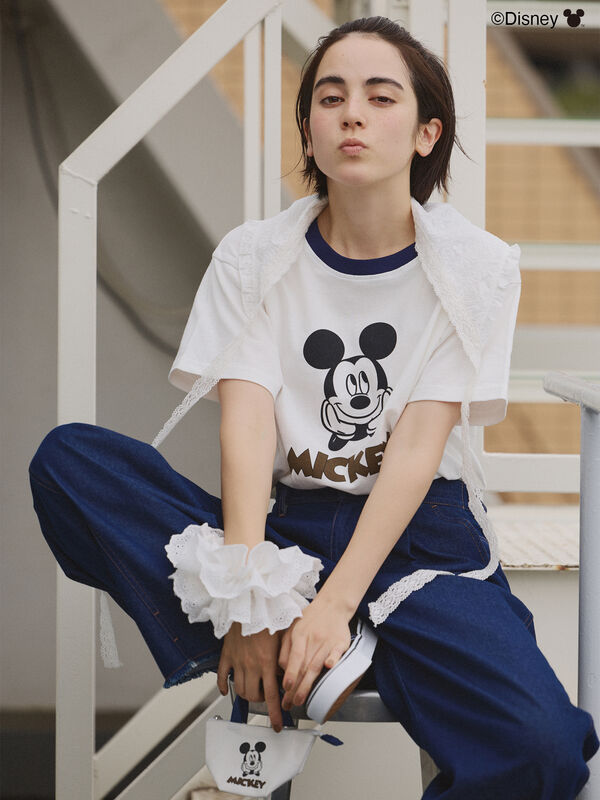 セール】 【Disney】ミッキーマウス/リンガーTシャツ（オフホワイト