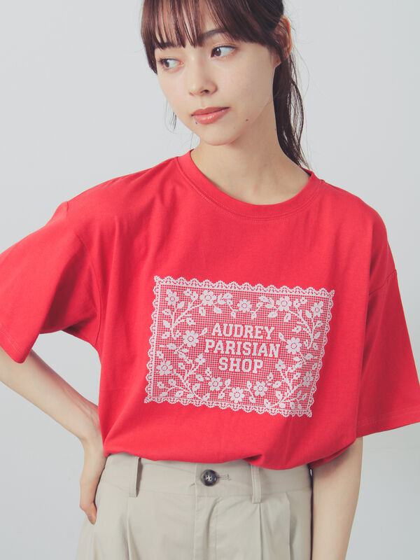 セール】 【接触冷感】パーツレース風プリントTシャツ（オフホワイト