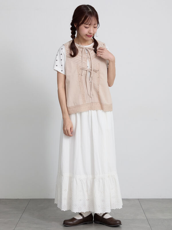 レース×ピンタックリボンベスト《限定カラーあり》（ブラック/ベージュ