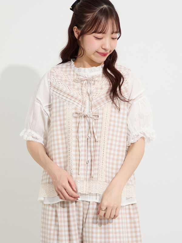 セット送料無料！チェックのベストスタイ(ベージュ)&カボチャパンツ&お好みリボン レース×ピンタックリボンベスト《限定カラーあり》（ブラック/ベージュ