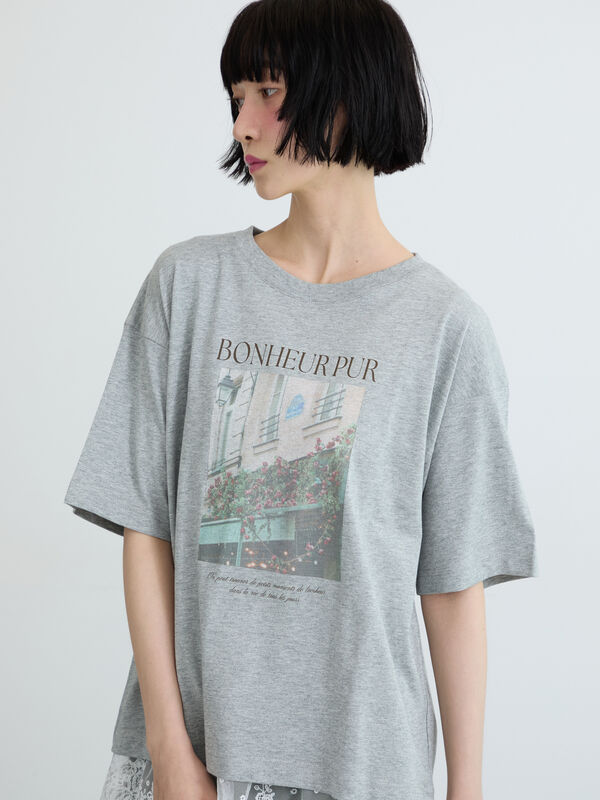 接触冷感】転写プリントTシャツ（オフホワイト/グレー