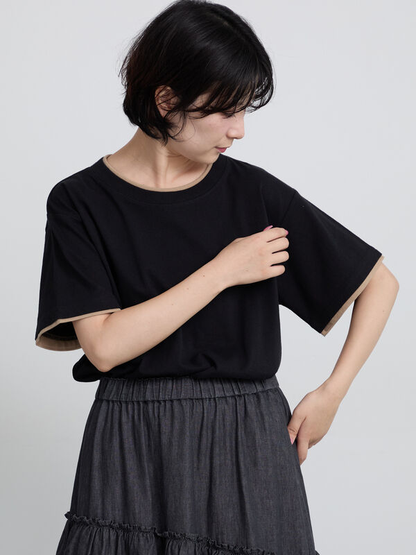 セール】 【USAコットン】レイヤード風Tシャツ（オフホワイト/ブラック